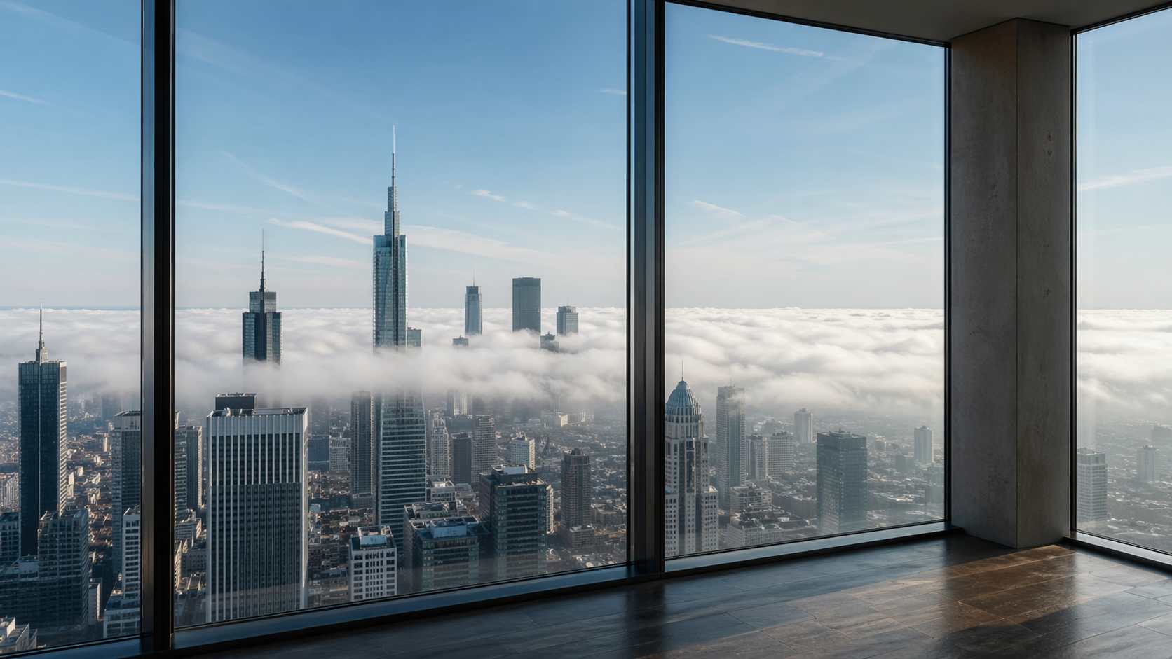 Frankfurt skyline seen through a high-rise apartment window with a cloud layer below the view