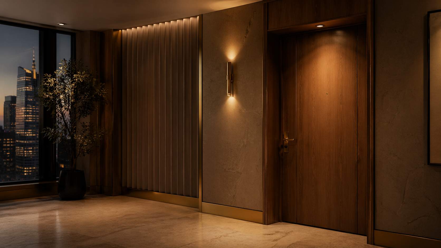 Quiet residential lobby at night with a closed apartment door and warm low lighting