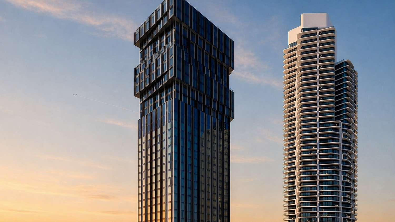 Frankfurt skyline with Messeturm and Tower 185 in the middle ground, seen from a south-westerly high-floor perspective