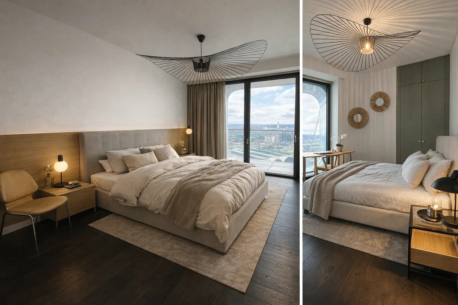 Two bedrooms of the residence, oak floor, sculptural ceiling lights, sky beyond