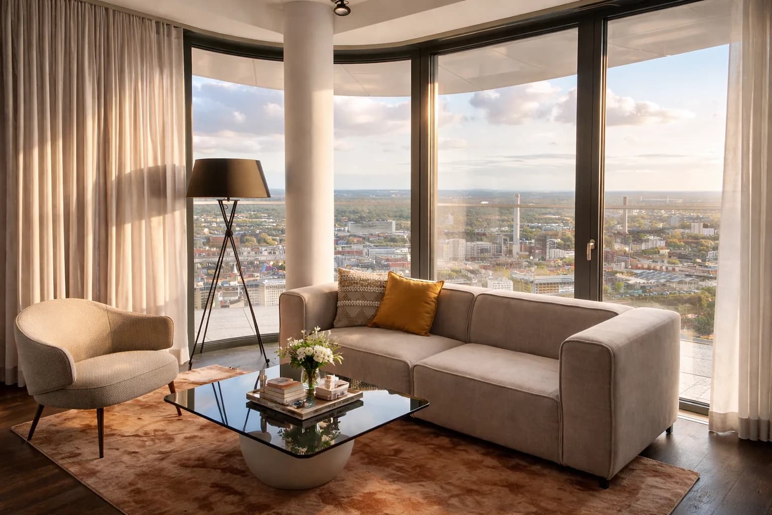 Living room at golden hour with curved window wall overlooking the horizon