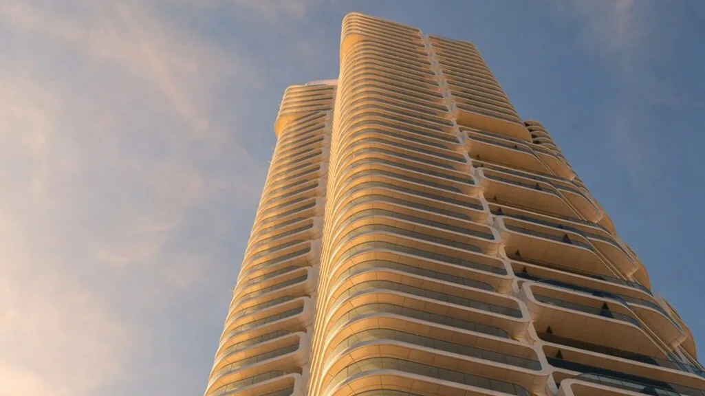 Grand Tower Frankfurt — upper floors and crown, honeycomb balcony façade